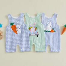 Ropa de bebé y niños pequeños - Petos, mamelucos, ropa de Pascua con bordado de conejo y zanahoria, mamelucos sin mangas - Neblina azul - Ver 5
