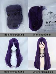 蓬松自然波浪侧刘海长假发，深紫色高温纤维女士假发，弹性轻盈，耐热，适合角色扮演和节日佩戴，引人注目。 - 紫色 - 查看 8