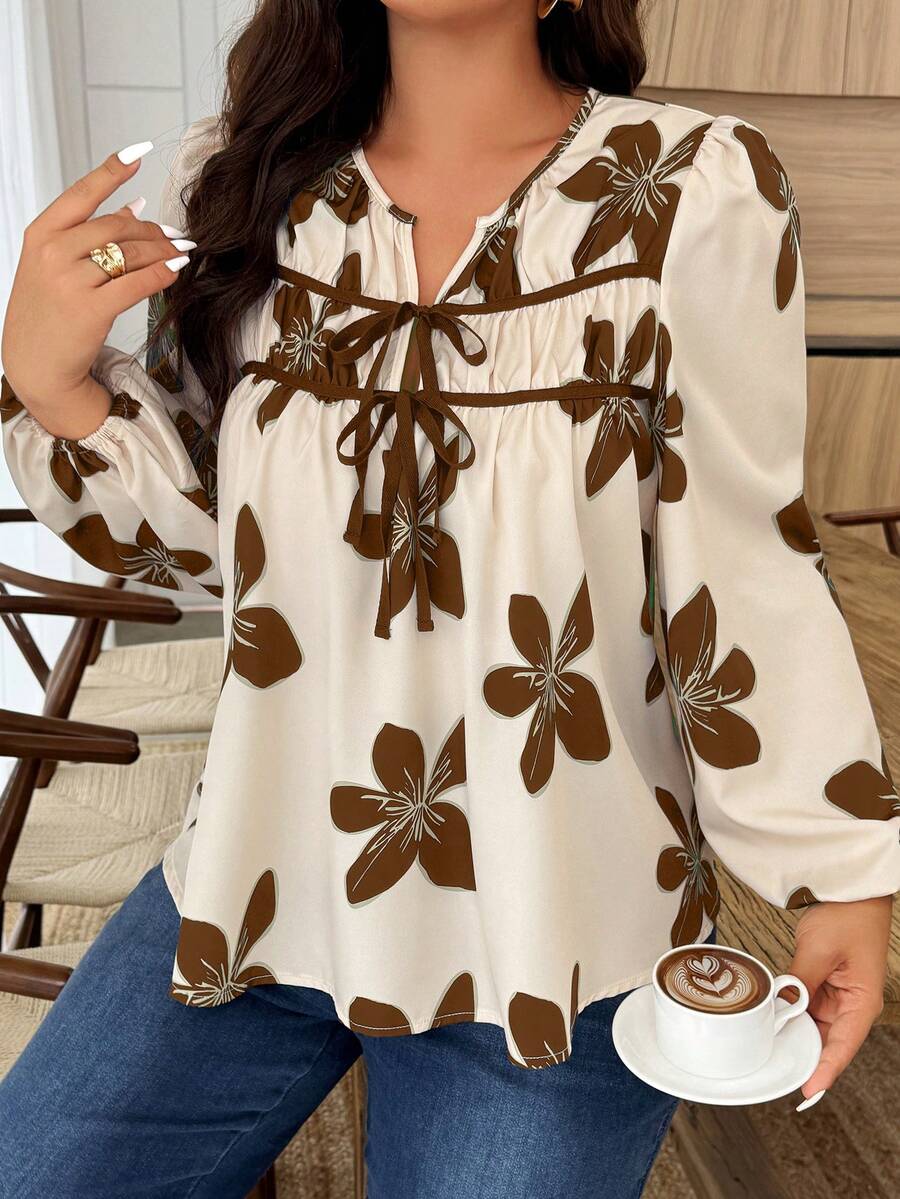 都市休闲系带印花长袖衬衫，简约风格，适合情人节、婚礼季、新年、婚礼及活动、外出、度假、春假等各种场合，女士必备。 - 彩色 - 查看 1