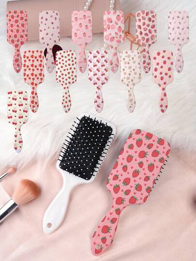 1pc Vintage British Fruit Series Air Cushion Comb, Featuring Delicate Strawberry, Heart, Floral, Bow, Cherry Patterns In Fresh Style, Straight Hair Comb Made Of Durable PC+TPU Material