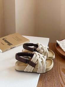 1 Par de Sandálias Infantis Retrô de Corda Trançada para o Verão, Sapatos de Praia para Meninos/Meninas com e Solas Macias Antiderrapantes - Bege - Visão 8