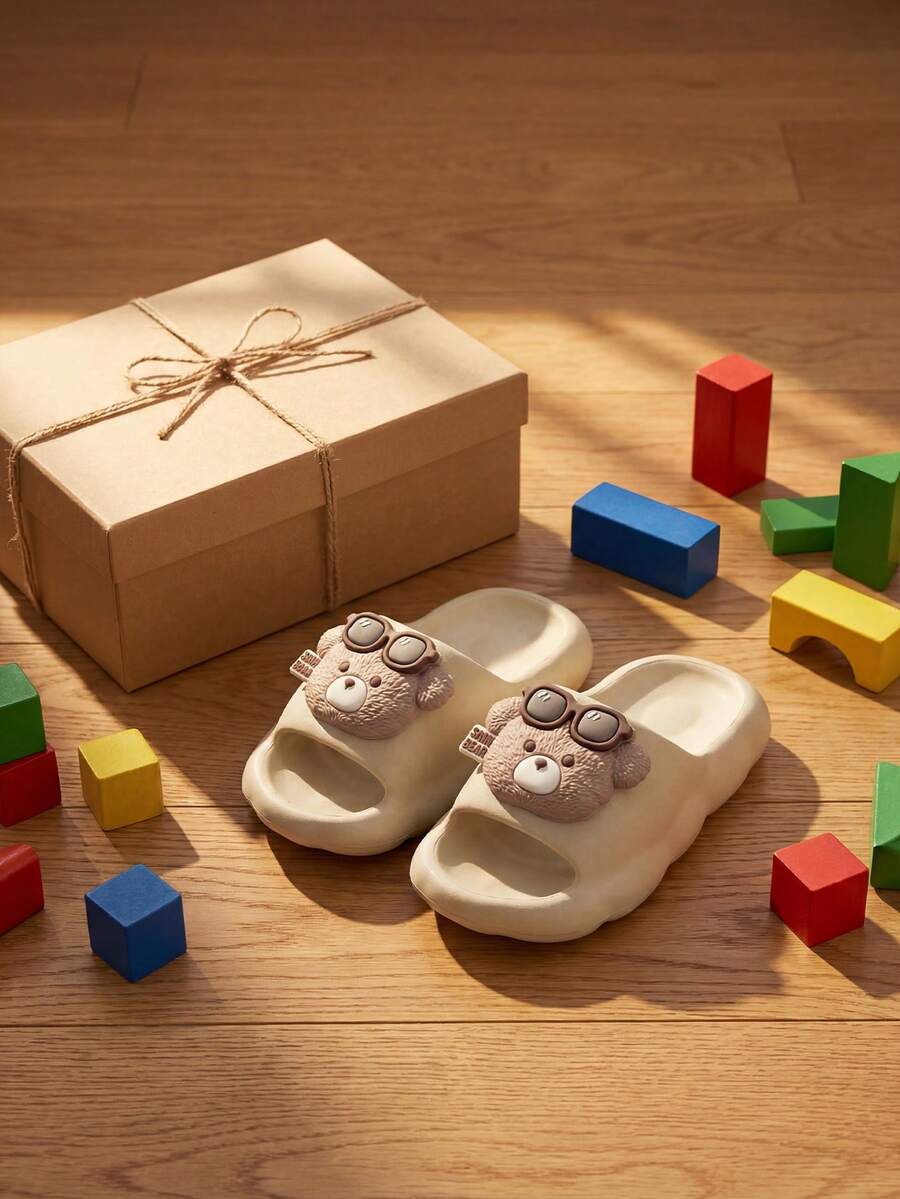 1 Pair Apricot Cute Cartoon Bear Design EVA Soft Flat Children Sandals Slippers, Suitable For Boys & Girls, Outdoor, Indoor, Summer - Apricot - View 1