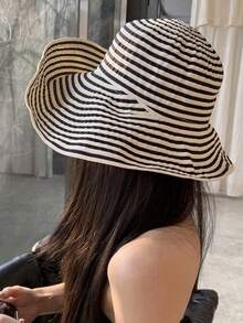1pc Foldable Wide Brim Bucket Hat, Retro Striped Bucket Hat, Elegant Ladies Sun Hat, Casual Bohemian Style, UV Protection, Polyester Sun Hat Suitable For Spring & Summer - A - View 3