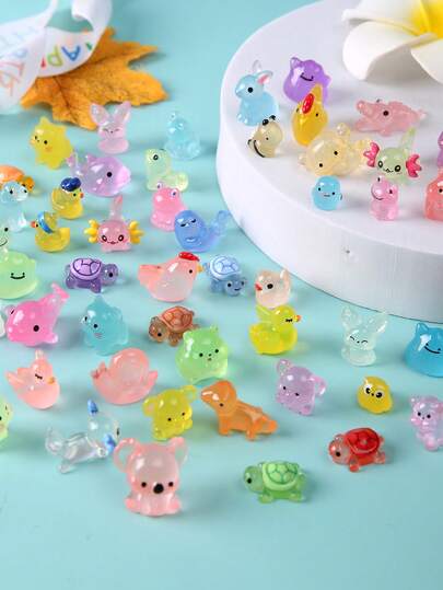 39/60pcs/Set Luminous Resin Animals, Mini Glowing Small Animals, DIY Cartoon Micro Landscape Decor, Surprise Gift Pack, Suitable For Handmade Dollhouse, Pranks, Gardening Decor, Miniature Sculpture, Toys, Miniature Statues, Turtles, Resin Animals