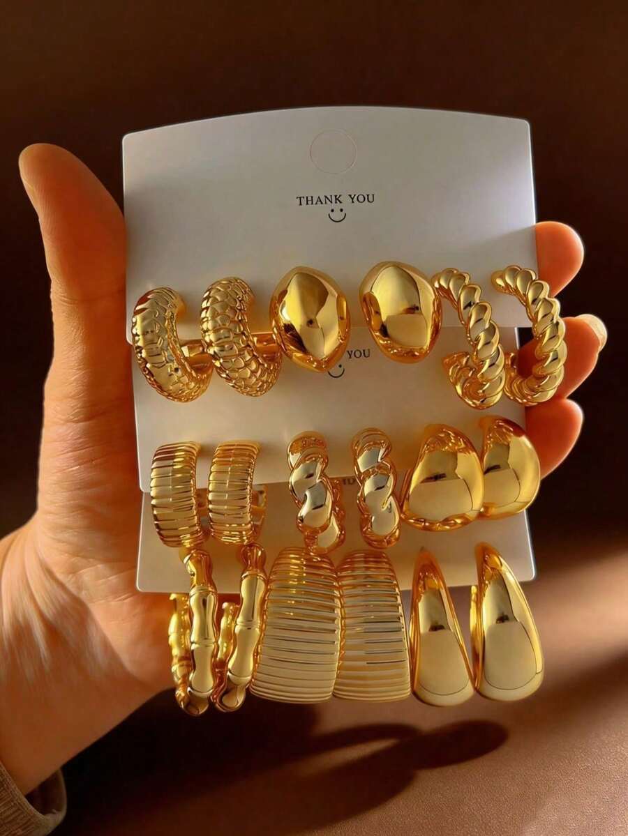 3-9 Pairs Luxury Thick Gold Hoop Earrings For Women, Low Allergy Thick Gold Earrings, Suitable For Valentine's Day, Mother's Day, Best Friend Gifts, Versatile Daily Wear - Gold - View 1