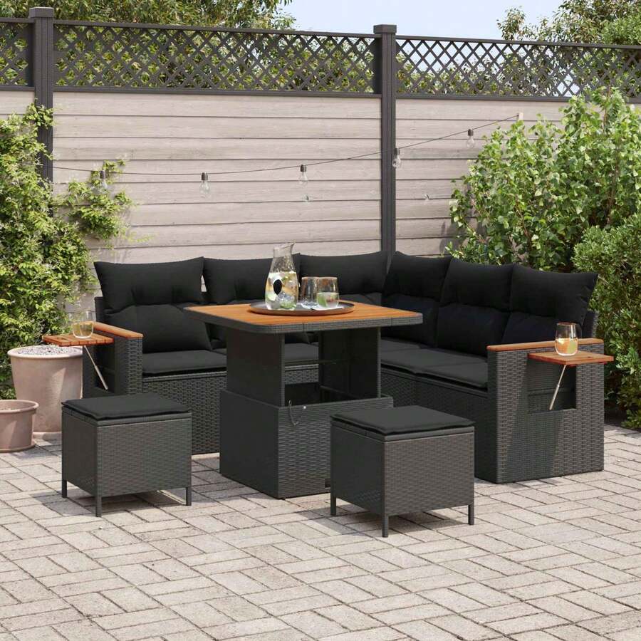 vidaXL 9-teiliges Garten-Sofa-Set mit Kissen, Schwarz Poly-Rattan - Noir - Voir 1