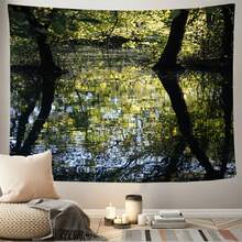 1pc Large Horizontal Tree Reflection Water Tapestry -  Sunny Day Nature Wall Hanging For Home, Dorm, Office - Soft Fabric With Calming Green/Blue/Golden Landscape - Ideal Gift (Bedspread, Cover) - Polychrome - View 3