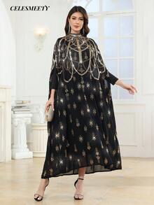 Luxury Women Royal Black Gold Mock Neck Abaya Sequin Beaded Cloak Sleeve Embroidered Arab Kaftan For Party, Wedding, Family Gathering - Black - View 5