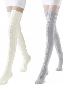 Women's Cozy Cable Knit Over Knee High Socks - 100cm Extra Long Thick Warm Thigh High Stockings, 1 Piece Winter Boot Socks For Fall & Winter Outfits - White - View 14