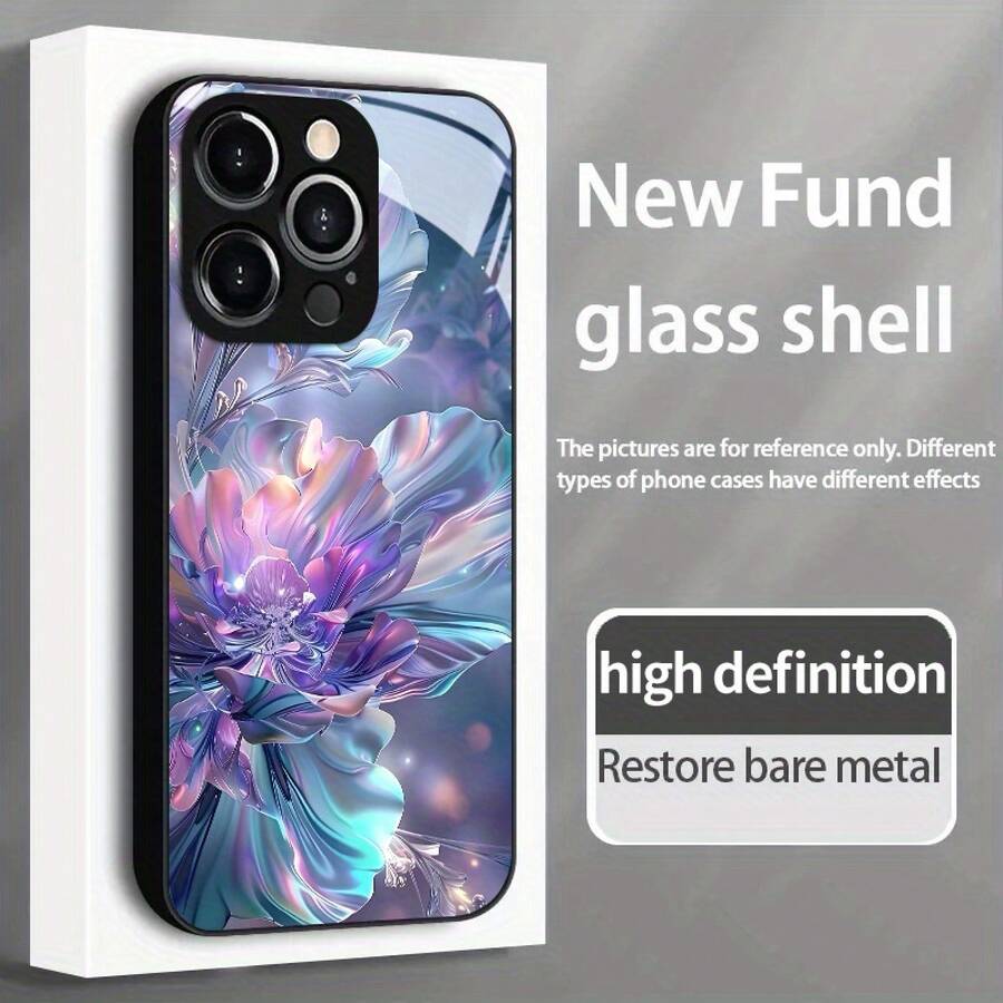Funda de teléfono: Diseño de nueva funda de vidrio decorativa con flores iridiscentes para iPhone 17, 17 Air, 17 Pro, 17 Pro Max, 16, 16 Plus, 16 Pro, 16 Pro Max, 15, 15 Plus, 15 Pro, 15 Pro Max, 14, 14 Max, 14 Pro, 14 Pro Max, 13, 13 Pro, 13 Pro Max, 12, 12 Pro, 12 Pro Max - Negro - Ver 1