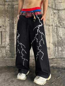 1pc Men's Infinite Jeans, American Hip Hop Street Vintage Loose Design Niche Lightning Embroidery Wide-Leg Jeans (Product Does Not Include Belt And Accessories) - Black - View 5