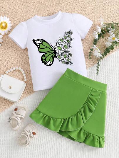 女童蝴蝶印花短袖上衣和裙子套装
