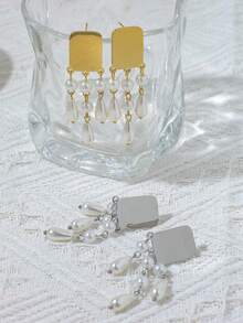 Mazuer 一对18K镀金不锈钢仿珍珠水滴形流苏耳环，适合女士参加派对、宴会和舞会佩戴。 - 彩色 - 查看 7