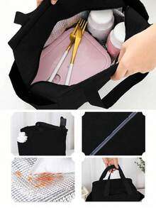 A Thermal Lunch Bag With Four Cups Of Black Coffee And Coffee Beans, Leopard Print Pattern Printed On It,Insulated Bag With The "Coffee Please" Pattern Paired With A Black Cutlery Storage Bag,Suitable For Work, Travel, School, Outings, Camping, Etc., Giving Birthday Gifts To Family And Friends, Valentine's Day, Wedding Season, Souvenirs, Bridesmaid Gifts, Ramadan ﻿ - Multicolor - View 5