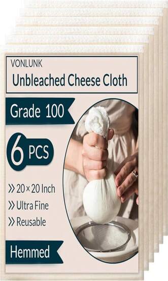 6-Pack Beige Cheesecloth, 20x20 Inch Hemmed Cheese Cloth For Straining, Reusable Unbleached Cotton Strainer For Cooking, Baking, Juicing, And Cheese Making (Grade 100)