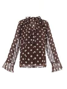 Women's Polka Dot Twist Ruffle Hem Long Sleeve Blouse Spring Vacation - Coffee Brown - View 3