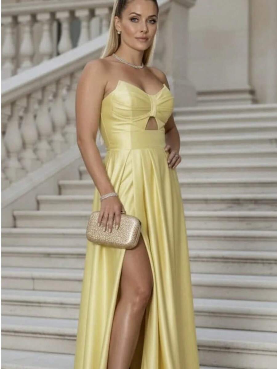 Women's Long Butterfly Dress, Strapless, Trilobal Fabric With Built-In Bra Cups | Party, Bridesmaid, Wedding, Graduation, Debutante | Adjustable Back, Sexy And Elegant, Party, Cutout/Cut, Asymmetrical Knot, Formal And Evening - 黃色 - 查看 1