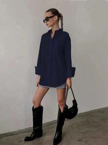 Spring Solid Color Casual Loose Round Pocket Button Women's Long Sleeve Shirt, Spring Autumn Summer Winter Wearable Women's Long Sleeve Shirt, Daily Wear Women's Long Sleeve Tops For Women - Deep Blue - View 3