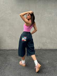 Women's Fashion Pocketed Loose Casual Capri Jeans - Blue - View 7