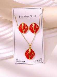 2026 New Fashion Oil-Pressed Handmade Drip Oil 3 Pieces Set 304 Stainless Steel Gold-Plated Earring & Necklace Set Daily Commute / Party & Date Accessories - Diamond Pattern - View 8
