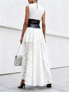 Vuslat 女士性感优雅蕾丝无袖白色长裙 - 前开衩配宽腰带，适合情人节、派对、办公室、通勤、商务休闲等场合的正式晚礼服 - 白色 - 查看 3
