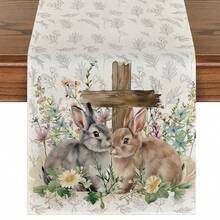 1pc Easter Bunny Pattern Table Runner, Easter Style Table Decor, Linen Material, Available In Multiple Sizes, Suitable For Home Dining, Kitchen Decor, Home Decor, Outdoor Party And Restaurant Decoration, Textured Linen Appearance - White - View 9