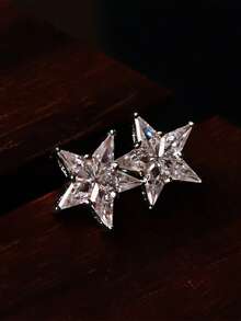 1对S925纯银简约立方氧化锆五角星耳钉，女士清新甜美优雅日常通勤百搭星形耳环礼品 - 星星 - 查看 2