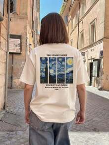 Women's Summer Personalized Letter Printed Pattern Round Neck-Shirt Fashionable And Versatile Women's Half Sleeve Small Shirt With Van Gogh Starry Print. Graphic Tees Women Pink Top White Top Black Top - 杏色 - 查看 12