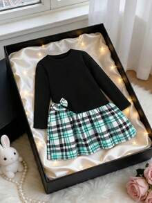 Vestido Manga Longa Evasê Feminino, Design com Laço de Contas, Adequado para Escola e Uso Diário, Estampa Xadrez Impressa Digitalmente, Tecido Confortável - Preto - Visão 8