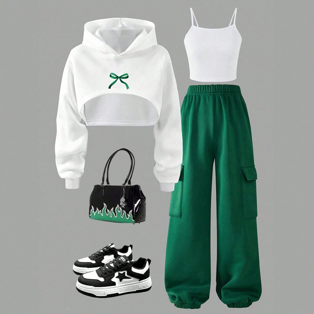 Conjunto de top con capucha de manga larga con estampado de moño y pantalones con tirantes para niñas pequeñas