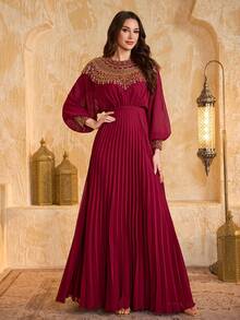 SUPGIR Women's Round-Neck Lantern Sleeve Sequin Patchwork Chiffon Ruched Design Temperament Elegant Slim-Fitting Evening Dress - Burgundy - View 4