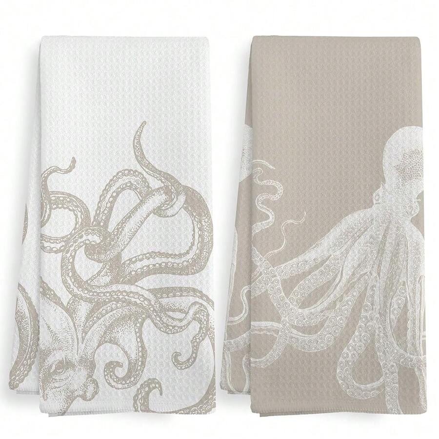 Coastal Beige Octopus Beach Decor Dish Hand Tea Towels For Bathroom Kitchen, Gir Ly Octopus Ocean Nautical Beachy Bathroom Decor, Coastal Kitchen Towels And Dishcloths Sets Of 2, 16x24 Inch - 米色 - 查看 1
