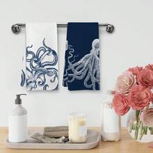 Coastal Octopus Beach Decor Dish Hand Tea Towels For Bathroom Kitchen, Octopus Ocean Nautical Beachy Bathroom Decor, Coastal Nautical Kitchen Towels And Dishcloths Sets Of 2, 16x24 Inches - 藍章魚 - 查看 5