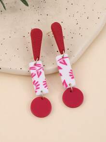 1 Pair Handmade Unique Soft Clay Red & White Contrast Teardrop, Square, Round Geometric Pendant Earrings, Exaggerated Design, Suitable For Women, Vacation, Party, Gift - Red - View 7