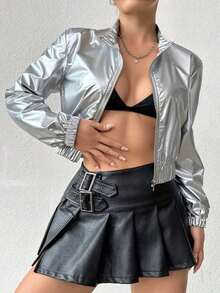 Women's Metallic Golden Pilot Bomber Jacket - Shiny Short Cropped Coat With Zipper Closure, Stand Collar & Long Sleeves, Motorcycle-Inspired Design For Spring/Fall, Casual To Semi-Formal Outfits (Hand Washable) - 銀色 - 查看 4