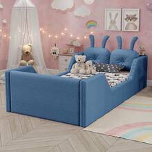 Twin Size Upholstered Kids Bed Frame With Cute Rabbit Headboard,  Soft-Padded Bed Frame And A Cute Rabbit-Shaped Headboard. It Has A Low-Profile Design And Comes With Removable Guardrails. Suitable For Toddlers, Boys, And Girls. - Blue - View 3