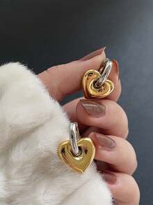 不锈钢防水复古金银双色心形耳环，适合女性日常佩戴情人节、妈妈、母亲、母亲节、礼物 - 金色雙色 - 查看 7