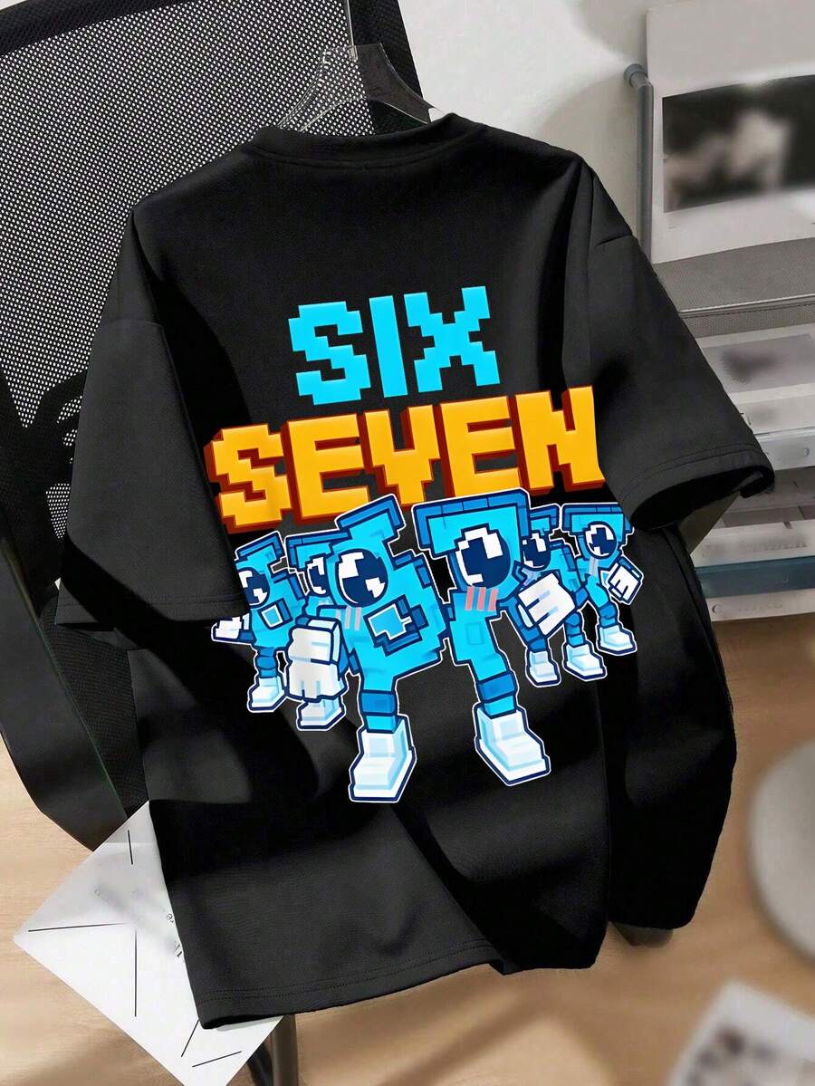 Boys' Cartoon Number "67" & Letter Print Round Neck Short Sleeve T-Shirt, New Spring/Summer Children Clothing - Black - View 1