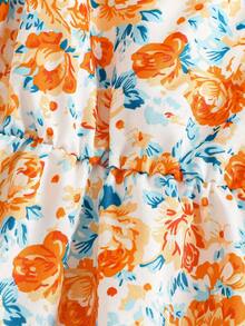 女孩夏季油画风格碎花吊带连衣裙，清新橙蓝花朵连衣裙 - 彩色 - 查看 5