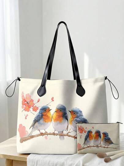 鸟纹轻便手提包，带化妆包，适合购物、旅行和海滩，是理想的礼物，大容量女士手提包