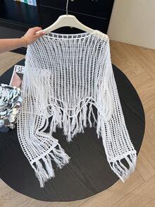 Sexy Design Hollow Out Knit Cover Up, Elegant Beach Vacation Sheer Cover Up Crop Top For Summer - White - View 4
