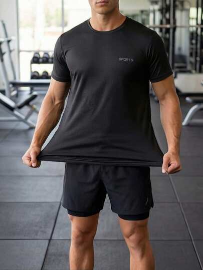 Men's Sports T-Shirt, Quick Dry Elastic Casual Workout Fitness Solid Color Short Sleeve Top, Running