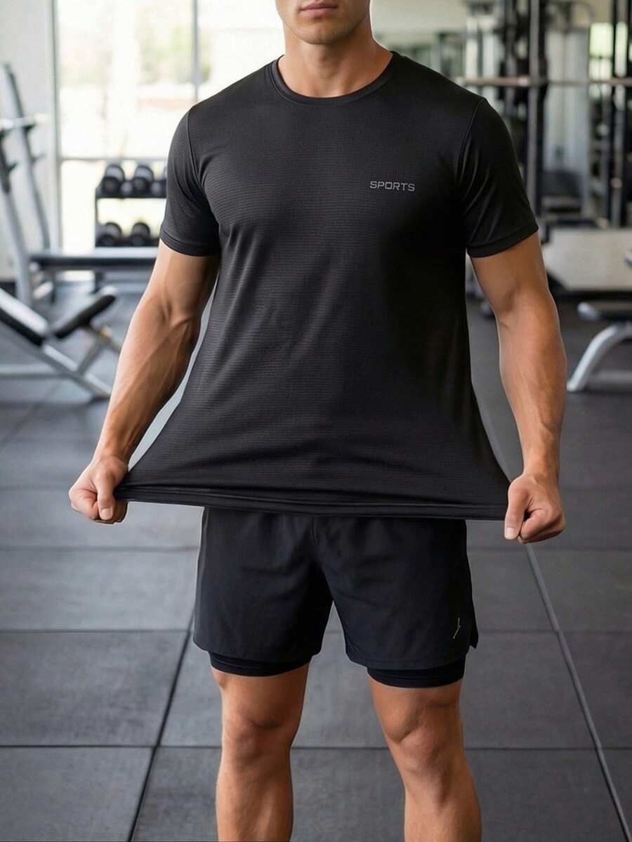 男士运动T恤，速干弹力休闲健身纯色短袖上衣，跑步 - 黑色 - 查看 1