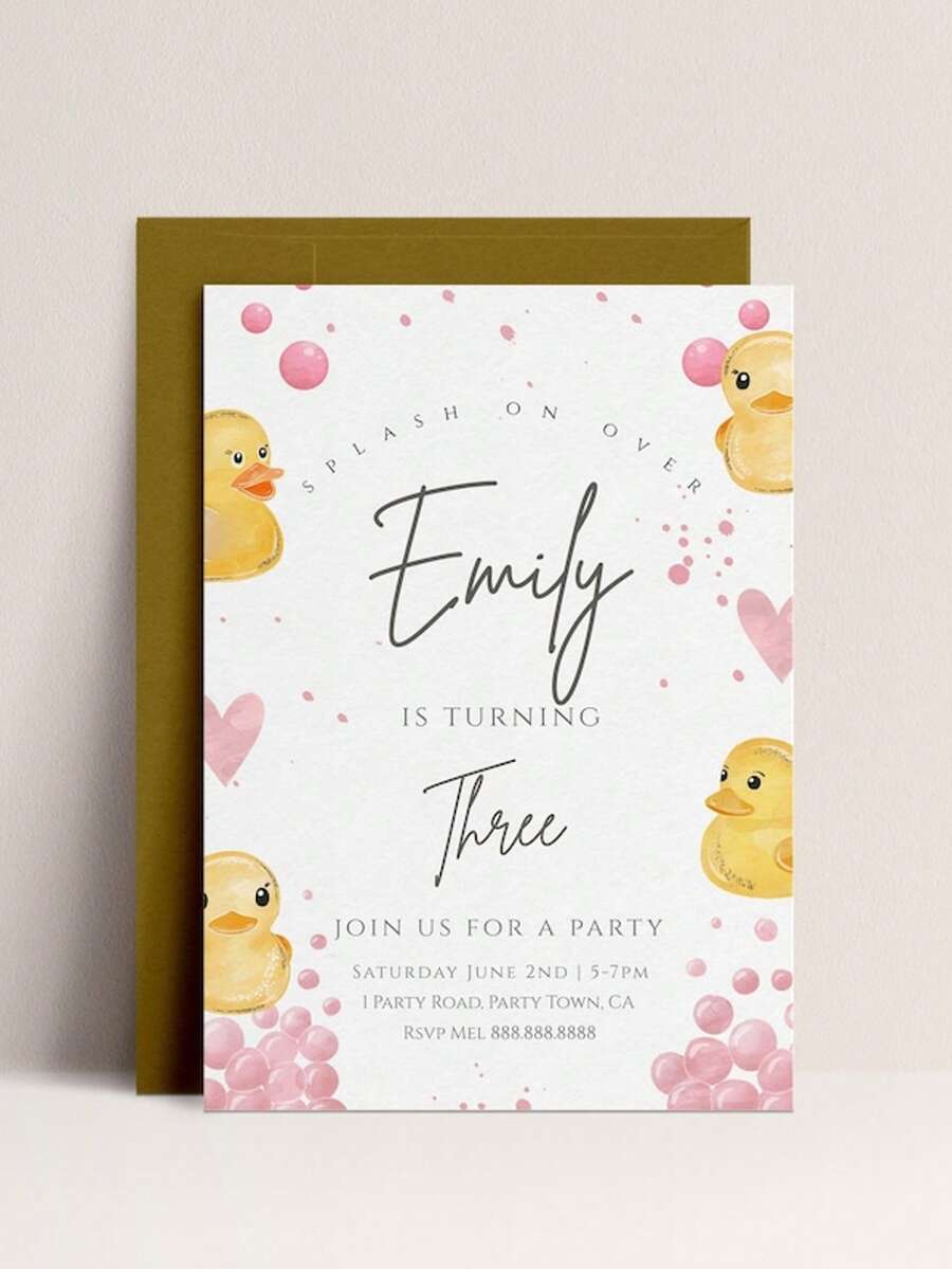 Editable Duck Birthday Party Invitation Card - Duck Party Invitation, Girls Birthday Invitation, Kids Birthday Invitation, Yellow, Pink - A - View 1