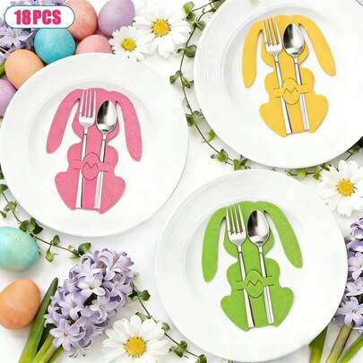 Bộ 18 món đựng dao nĩa bằng nỉ hình thỏ Phục Sinh - 6 màu, túi đựng dao nĩa nhiều màu sắc, hình thỏ tai dài đáng yêu | Bộ đựng dao nĩa hình thỏ nhiều màu sắc sáng tạo, túi đựng dĩa và thìa, bộ đồ dùng tiệc Phục Sinh, đồ dùng tiệc Phục Sinh
