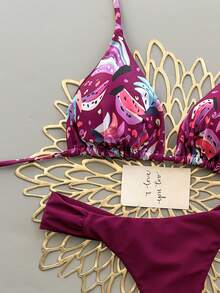 2026 Women's Summer Beach Watermelon Print Halter Tie Sexy Bikini Swimsuit Set Vacation - Blue - View 4