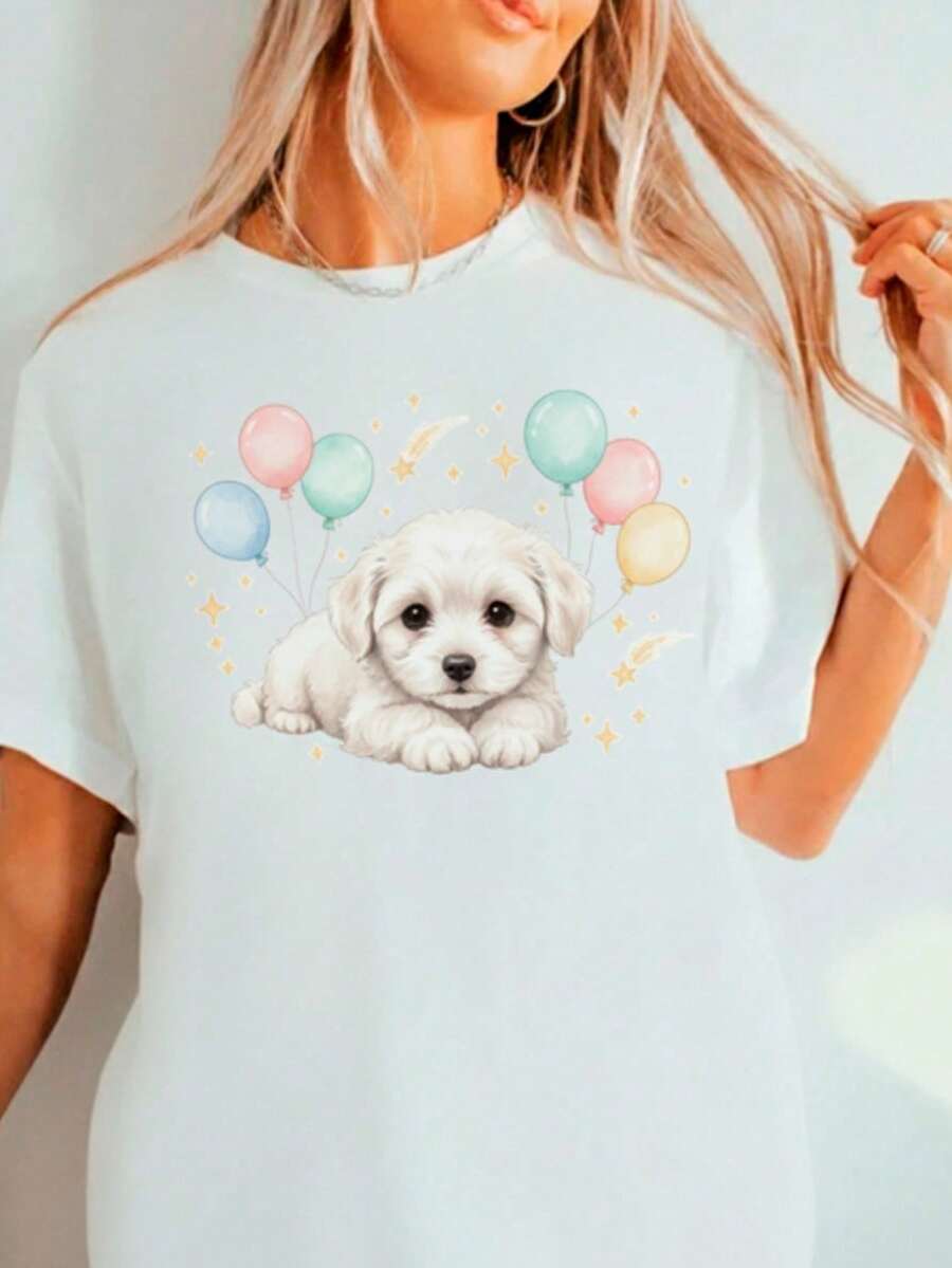 Camiseta Feminina de Gola Redonda Estampada com Poodle, Moda T-shirt Feminina com Estampa de Poodle, Camiseta Casual De Manga Curta, Promoção Blusinha Feminina, Conforto para Todas as Estações - Branco - Visão 1