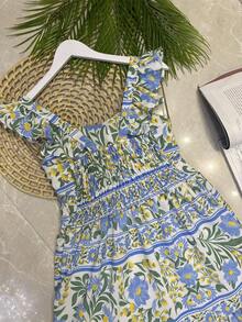 Long Dress With Print, Lined, With Built-In Bra Cups, Made Of Pretty, Fashionable Crepe Fabric. - Biru muda/kuning - View 3