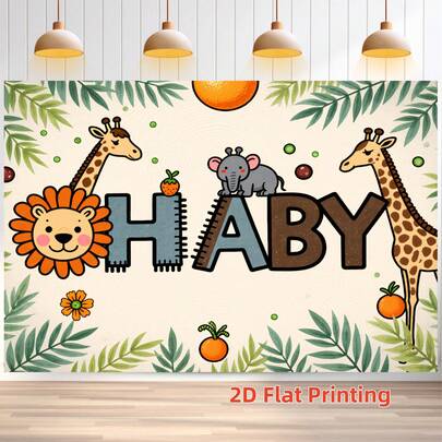 1pc Hand-Painted Forest Animal Baby Shower Backdrop, 2D Flat Polyester Material Suitable For Forest Theme Baby Shower, 100th Day Celebration, Children's Birthday Party, Parent-Child Photography, Featuring Cute Animals Like Lion, Giraffe, Elephant, Paired With Tropical Plants And Fruit Elements, "OH BABY" Design, Creates A Playful Natural Atmosphere For Celebration Events