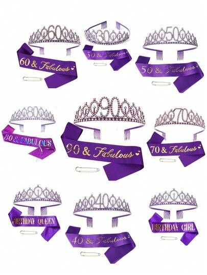 3件套水晶皇冠，配柔软缎带和白色安全珍珠别针，适合作为给妻子的惊喜生日礼物，也可用作生日庆典皇冠、生日快乐装饰、30岁、40岁、50岁、60岁、70岁、80岁、90岁生日派对装饰